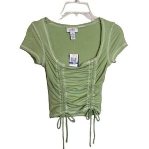 Just Polly Juniors' Square-Neck Ruched Top Sage Size XS NWTs